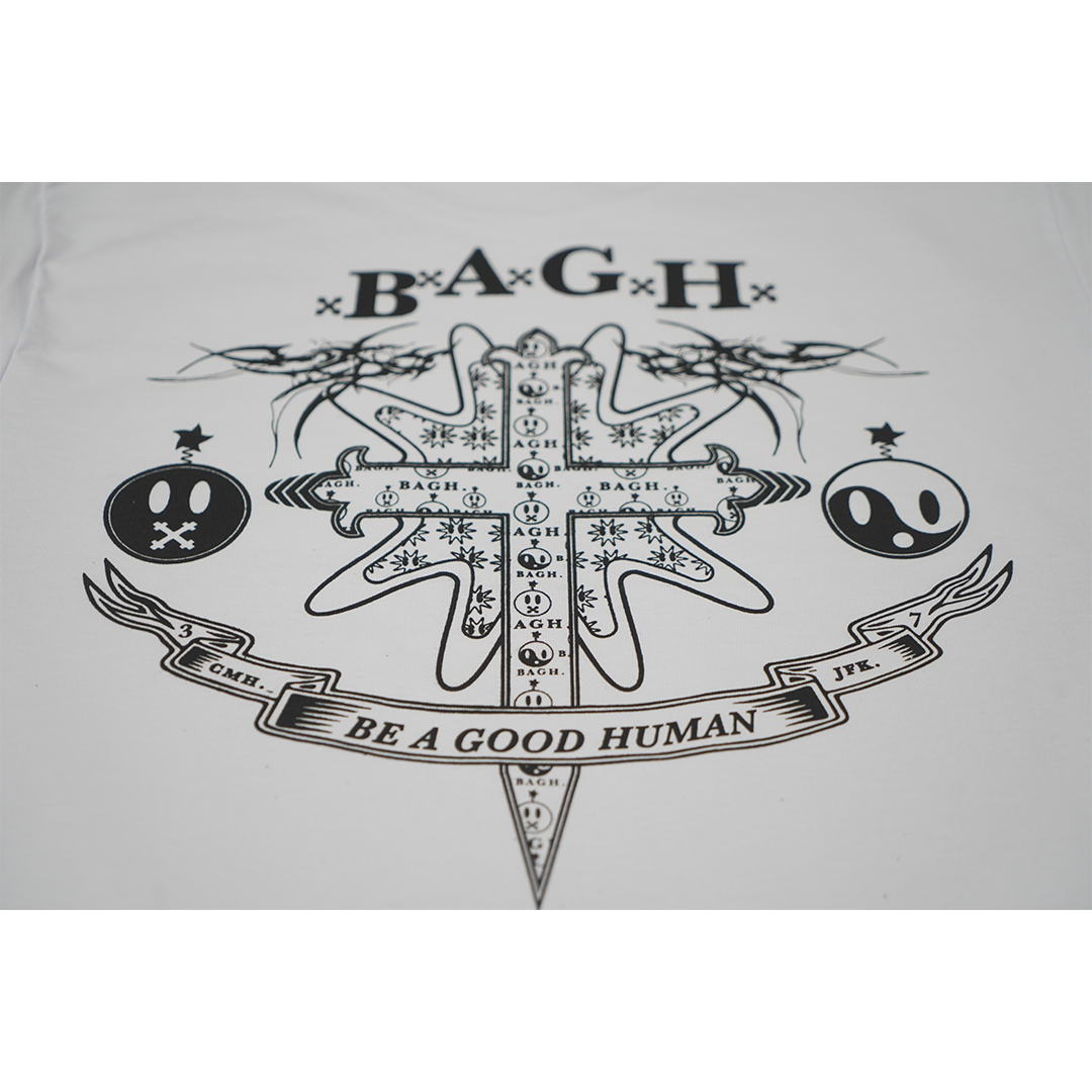 This heavy, 100% cotton BAGH Cross T-shirt is a true one-of-a-kind - the front replicates their signature messy t look, while the back displays a custom-crafted design, intended to represent the balance of good and bad in the world and the challenges we face when choosing our paths.